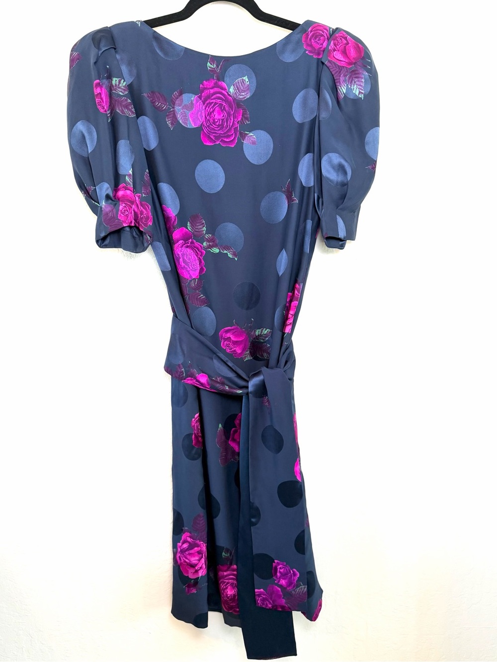 Hanae Mori Vintage 100% Silk Navy Pink Floral Polka Dot Dress Puff Sleeve Size 8
